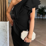 Caz -  Off-shoulder Ruffle Sleeve Slit Midi Dress