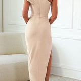 Caz -  Off-shoulder Ruffle Sleeve Slit Midi Dress