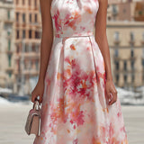 Violetta - Midi Dress with Halter in Watercolor Floral Pattern
