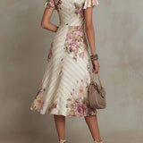 Alba | Elegant retro floral satin midi dress