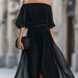Annetta - Black Off-Shoulder Pleated Chiffon Maxi Dress