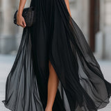 Annetta - Black Off-Shoulder Pleated Chiffon Maxi Dress