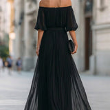 Annetta - Black Off-Shoulder Pleated Chiffon Maxi Dress