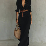 Kiara - Long Sleeve Lapel Collar Maxi Dress
