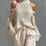 Thalia - Beige Knit Off-Shoulder Turtleneck Top & Wide Leg Pants Set