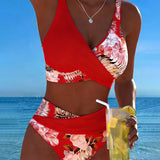 Bikini with Contrasting Floral Pattern and Split
