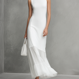 Elegant White Sleeveless Dress for Women with Milk Silk and Chiffon Panels