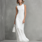 Elegant White Sleeveless Dress for Women with Milk Silk and Chiffon Panels