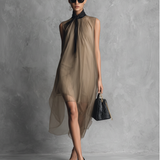 Beatrice - Lightweight Luxury Two-Tone Khaki and Brown Chiffon Sleeveless Dress