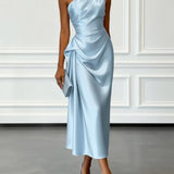 Caille - Champagne Satin One-shoulder Sleeveless Ruffled Midi Dress