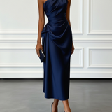 Caille - Champagne Satin One-shoulder Sleeveless Ruffled Midi Dress