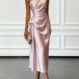 Caille - Champagne Satin One-shoulder Sleeveless Ruffled Midi Dress