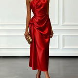 Caille - Champagne Satin One-shoulder Sleeveless Ruffled Midi Dress