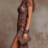 ANDREA - Boho Ruched Midi Dress