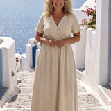 Sage | V Neck Short Sleeve Wrap Waist Midi Dress