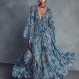 Grace - Bohemian Style Blue Floral Print Chiffon Maxi Dress