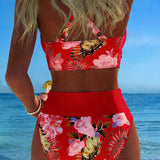 Bikini with Contrasting Floral Pattern and Split