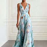 Nerea  - Elegant Tulip Print V-neck Maxi Dress