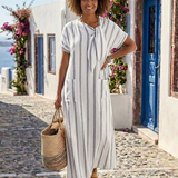 Elaris | Short Sleeve Striped Tie Neck Pocket Midi Dress