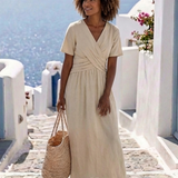 Sage | V Neck Short Sleeve Wrap Waist Midi Dress