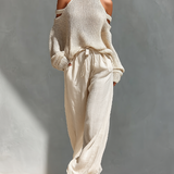 Thalia - Beige Knit Off-Shoulder Turtleneck Top & Wide Leg Pants Set