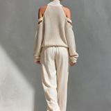 Thalia - Beige Knit Off-Shoulder Turtleneck Top & Wide Leg Pants Set