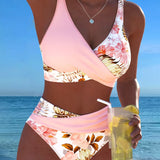 Bikini with Contrasting Floral Pattern and Split