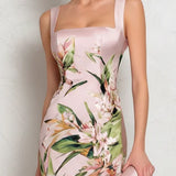 Amber - Pink Floral Satin Square Neck Midi Dress