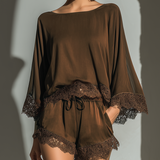 Alice - Chocolate Satin Boat Neck Top & Shorts Set