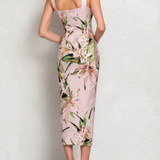 Amber - Pink Floral Satin Square Neck Midi Dress
