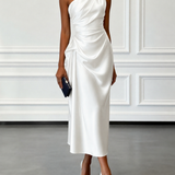 Caille - Champagne Satin One-shoulder Sleeveless Ruffled Midi Dress