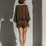 Alice - Chocolate Satin Boat Neck Top & Shorts Set