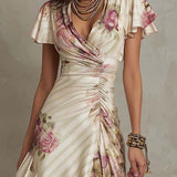 Alba | Elegant retro floral satin midi dress