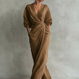 Rose Linen V-Neck Maxi Dress