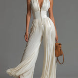 Abigail - V-neck Sleeveless Zip-up Pleated Wide-leg Chiffon Jumpsuit