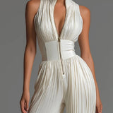 Abigail - V-neck Sleeveless Zip-up Pleated Wide-leg Chiffon Jumpsuit