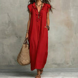 Hazel | Long Linen-Textured Dress with V-Neck and Ruffles