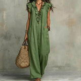Hazel | Long Linen-Textured Dress with V-Neck and Ruffles