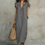 Hazel | Long Linen-Textured Dress with V-Neck and Ruffles
