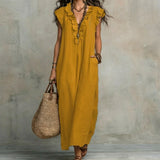 Hazel | Long Linen-Textured Dress with V-Neck and Ruffles