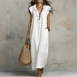 Hazel | Long Linen-Textured Dress with V-Neck and Ruffles