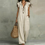Hazel | Long Linen-Textured Dress with V-Neck and Ruffles