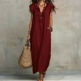 Hazel | Long Linen-Textured Dress with V-Neck and Ruffles