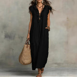 Hazel | Long Linen-Textured Dress with V-Neck and Ruffles