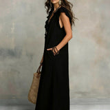 Hazel | Long Linen-Textured Dress with V-Neck and Ruffles