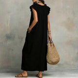 Hazel | Long Linen-Textured Dress with V-Neck and Ruffles
