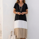 Thalia | Short Sleeve Color Block V Neck Midi Dress