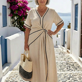 Linnea | V Neck Short Sleeve Gathered Waist Midi Dress