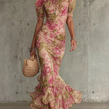 Jill - Vintage Rose Print Puff Sleeve Maxi Dress