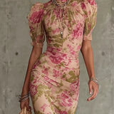 Jill - Vintage Rose Print Puff Sleeve Maxi Dress